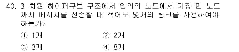 컴퓨터시스템기사(B형) 2017년 40번 - 3차원 하이퍼큐브 구조에서는 각 노드가 연결된 노드 수가 많아져야 전체 ... 에 관한 핵심 기출문제