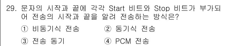 컴퓨터시스템기사(A형) 2017년 29번 - . 비트기식 전송

비트기식 전송은 데이터의 시작과 끝을 명확히 하기 위... 에 관한 핵심 기출문제