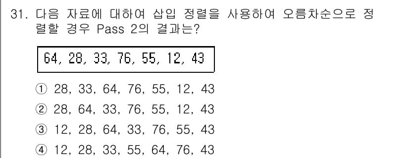 컴퓨터시스템기사(A형) 2017년 31번 - 주어진 데이터 "64, 28, 33, 76, 55, 12, 43"을 오름... 에 관한 핵심 기출문제