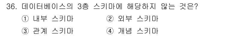 컴퓨터시스템기사(A형) 2017년 36번 - 데이터베이스의 3층 스키마는 내부 스키마, 개념 스키마, 외부 스키마로 ... 에 관한 핵심 기출문제