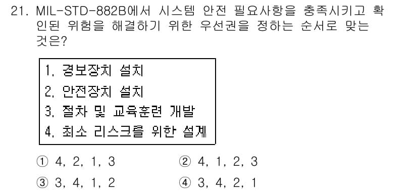 산업안전산업기사 2017년 21번 - MIL-STD-882B에서는 시스템의 안전성을 보장하기 위해 위험 요소를... 에 관한 핵심 기출문제