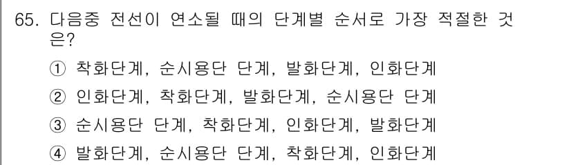 산업안전산업기사 2017년 65번 - 전선의 연소 시 연속 단계로 순사용단 계, 착화단계, 인화계, 발화단계의... 에 관한 핵심 기출문제