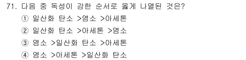 산업안전산업기사 2017년 71번 - 영소는 일산화 탄소와 아세톤의 혼합물에서 발생하며, 화학적 성질에 따라 ... 에 관한 핵심 기출문제