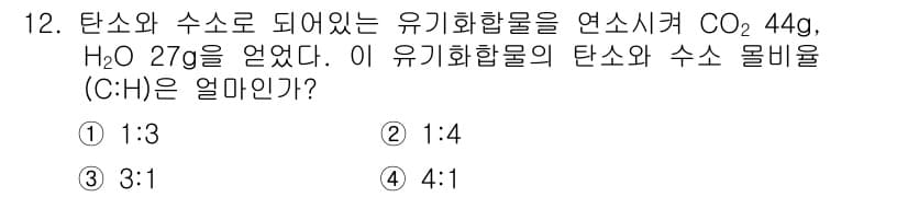 위험물산업기사 2017년 12번 - 유기화합물의 분자식에서 탄소(C)와 수소(H)의 비를 구하기 위해, 주어... 에 관한 핵심 기출문제