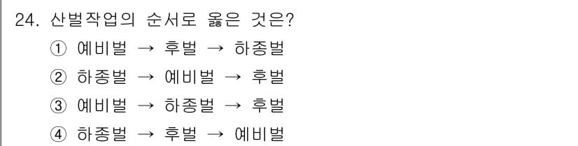 산림기능사 2015년 24번 - . 

산벌 작업은 일반적으로 예비벌을 먼저 수행하여 작업 환경을 정비한... 에 관한 핵심 기출문제