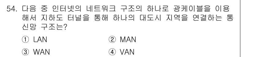 전자상거래운용사 2016년 55번 - 정답은 3번 WAN입니다. WAN(광역 네트워크)은 넓은 지역을 연결해 ... 에 관한 핵심 기출문제