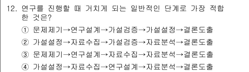 사회조사분석사_2급 2016년 12번 - 연구의 일반적인 단계는 연구 문제를 설정한 후 자료를 수집하고, 이를 분... 에 관한 핵심 기출문제