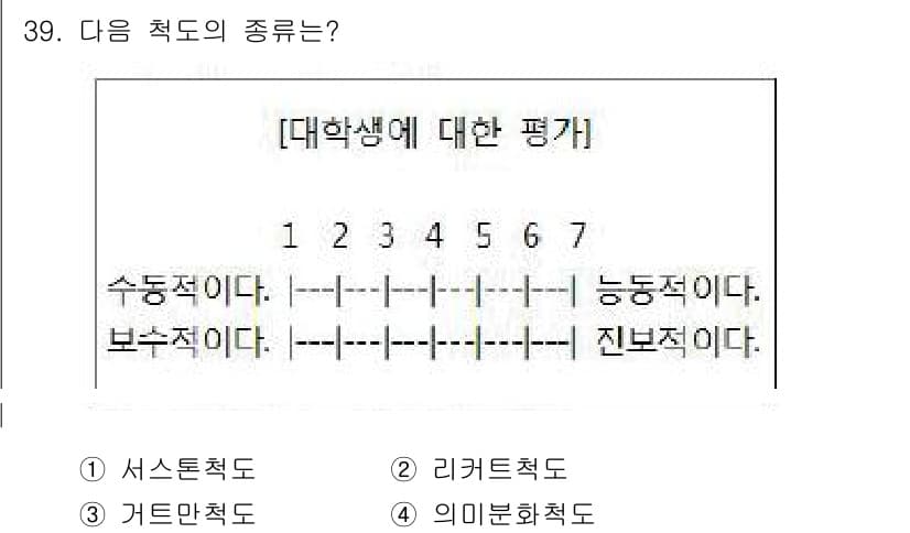 사회조사분석사_2급 2017년 39번 - 정답은 4번 '의미분화척도'입니다. 이 척도는 대학교 생활에 대한 감정을... 에 관한 핵심 기출문제