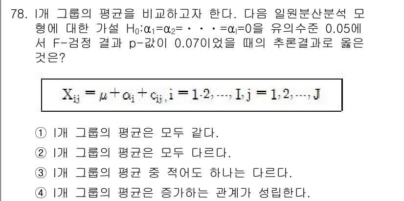 사회조사분석사_2급 2017년 78번 - . 

그룹의 평균이 모두 다르다는 주장은 두 집단 이상의 평균에 대한 ... 에 관한 핵심 기출문제