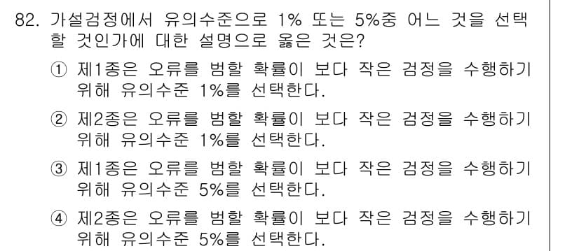 사회조사분석사_2급 2017년 82번 - . 

정답인 이유는 유의수준 1%가 5%보다 더 엄격한 기준을 적용하여... 에 관한 핵심 기출문제