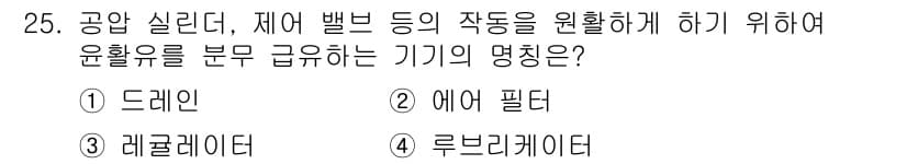 공유압기능사 2016년 25번 - 정답은 4번 루브리게이터입니다. 루브리게이터는 기계의 윤활 유를 분배하여... 에 관한 핵심 기출문제