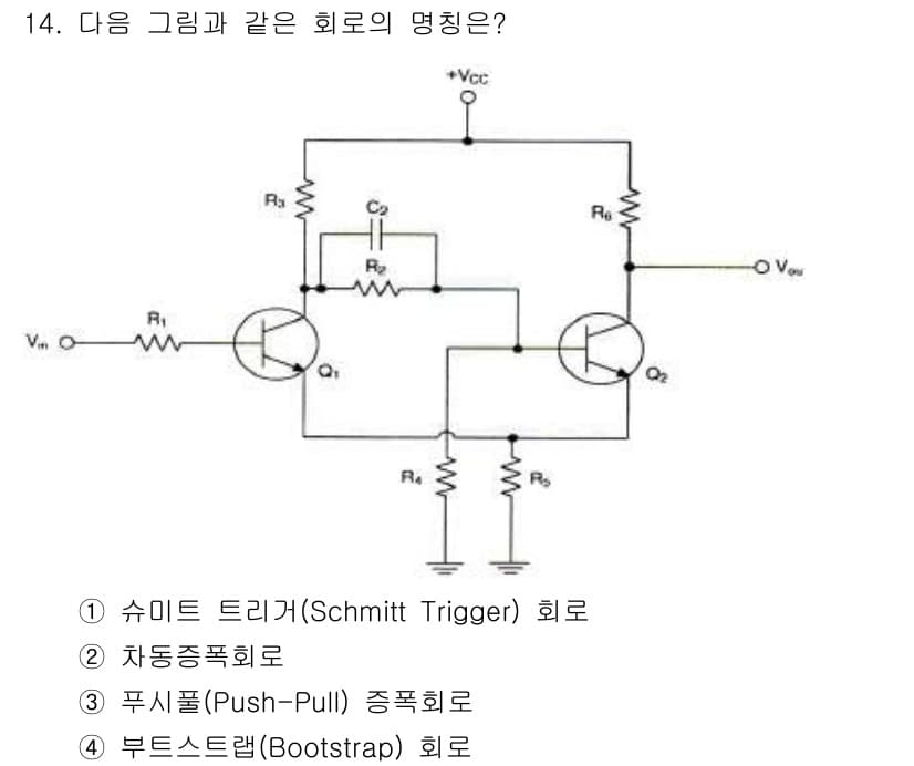 무선설비기사 2017년 14번 - 주어진 회로는 두 개의 트랜지스터가 서로 보조적으로 작동하여 출력 전압을... 에 관한 핵심 기출문제