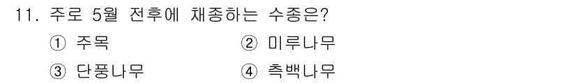 산림산업기사(구60문항) 2017년 11번 - 정답은 1. 주목입니다. 주목은 5월 전후에 잎이 나오는 특징이 있으며,... 에 관한 핵심 기출문제