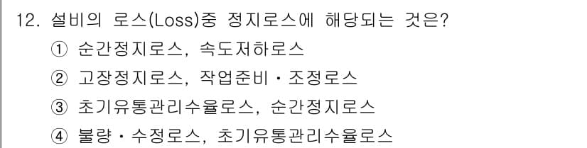 설비보전산업기사 2015년 12번 - 설비의 로스(Loss) 중 정지로스에 해당하는 것은 순환정지로스와 속도저... 에 관한 핵심 기출문제