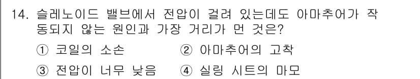 설비보전산업기사 2015년 14번 - 슬레 노이드 밸브의 아마추어가 움직이지 않는 원인은 실링 시트의 마모로 ... 에 관한 핵심 기출문제