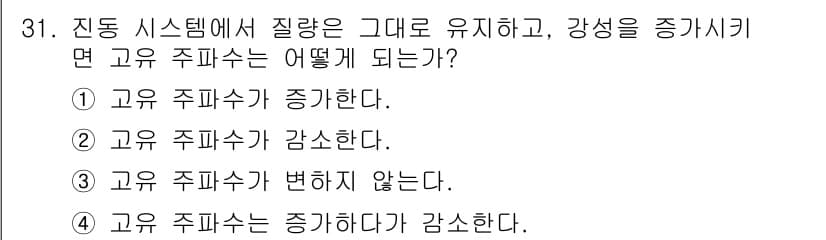 설비보전산업기사 2015년 31번 - . 

고유 주파수는 시스템의 질량과 강성에 의존하므로, 질량이 증가하거... 에 관한 핵심 기출문제