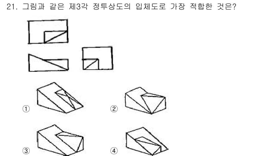 기계설계산업기사 2015년 21번 - 제3각 정투상도의 임체도에서 각 변이 정확하게 나타나야 합니다. 선택지 ... 에 관한 핵심 기출문제