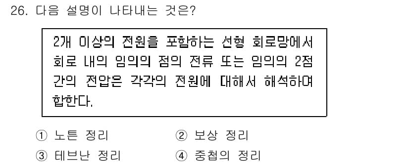 전자기사 2016년 26번 - 주어진 설명은 '선형 회로망'의 전원의 전압에 대한 내용으로, 특정한 전... 에 관한 핵심 기출문제