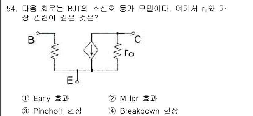 전자기사 2016년 54번 - . Breakdown 현상

BJT에서 r_o는 출력 저항을 나타내며, ... 에 관한 핵심 기출문제