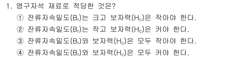 전자기사 2017년 1번 - 잔류자속밀도(B)는 전자기 유도에서 보자력(Hc)와 밀접한 관계를 가지며... 에 관한 핵심 기출문제