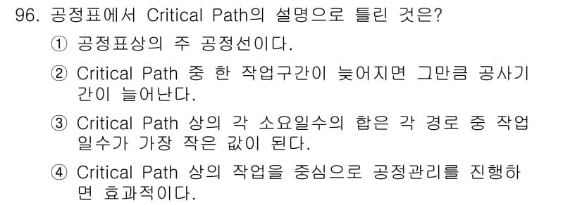 조경기사 2016년 97번 - . Critical Path는 프로젝트의 주요 작업이 포함된 경로로, 총... 에 관한 핵심 기출문제
