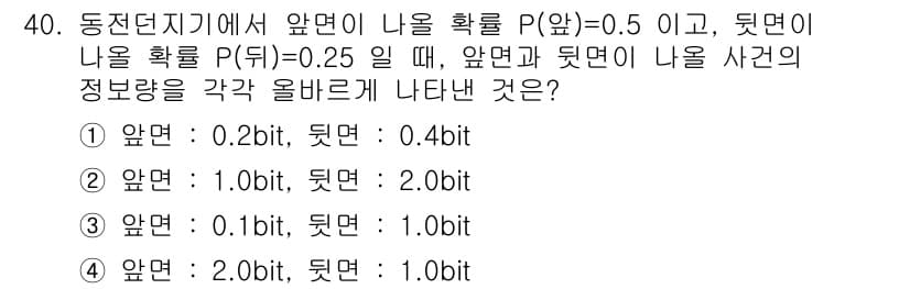 건설안전산업기사 2015년 40번 - 앞면과 뒷면의 우연적 사건에 따른 정보량을 계산할 때, 정보량은 \( -... 에 관한 핵심 기출문제