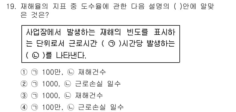 건설안전산업기사 2016년 19번 - 정답은 1. 재해건수입니다. 이는 재해율을 계산하기 위해 필요한 기본적인... 에 관한 핵심 기출문제