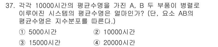 건설안전산업기사 2016년 37번 - 각각 10,000시간의 평균수명을 가진 A, B 부품이 병렬로 연결된 시... 에 관한 핵심 기출문제