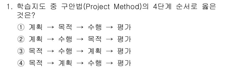 건설안전산업기사 2017년 1번 - 구안법의 4단계는 목표 설정(목적) 후 계획 수립(계획)하고, 실행(수행... 에 관한 핵심 기출문제