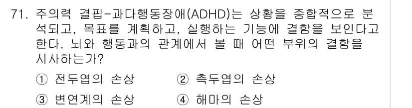 임상심리사_2급 2015년 71번 - ADHD(주의력 결핍 및 과다행동장애)는 뇌의 전두엽과 관련이 있으며, ... 에 관한 핵심 기출문제