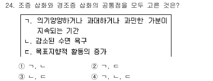 임상심리사_2급 2017년 24번 - 정답 2번입니다. 조증 상태에서는 과민한 기분과 함께 감소된 수면 욕구가... 에 관한 핵심 기출문제