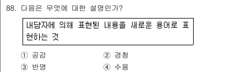 임상심리사_2급 2017년 88번 - 이 질문은 내담자가 자신의 내면에 대한 내용을 새로운 방식으로 표현하는 ... 에 관한 핵심 기출문제