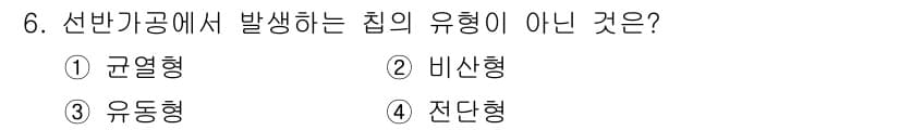 컴퓨터응용가공산업기사 2017년 6번 - 정답은 4번 전단형입니다. 선반 가공에서 발생하는 칩의 종류는 규열형, ... 에 관한 핵심 기출문제