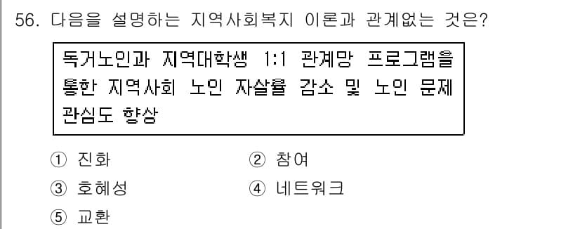 사회복지사_1급(2교시)(구) 2018년 56번 - . 교환

이론은 지역사회복지의 상호작용과 자원 배분을 강조하며, '교환... 에 관한 핵심 기출문제