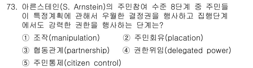 사회복지사_1급(2교시)(구) 2018년 73번 - 아르스틴의 주민참여 관점에서 제시된 단계 중에서 '주민통치(citizen... 에 관한 핵심 기출문제