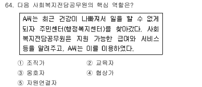 사회복지사_1급(2교시) 2018년 64번 - 사회복지전담공무원의 핵심 역할은 주민의 복지 needs를 파악하고 필요한... 에 관한 핵심 기출문제
