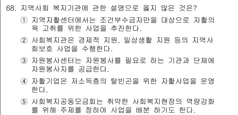 사회복지사_1급(2교시) 2018년 68번 - 지역사회복지관은 주로 지역 사회 복지 문제를 해결하기 위한 서비스를 제공... 에 관한 핵심 기출문제