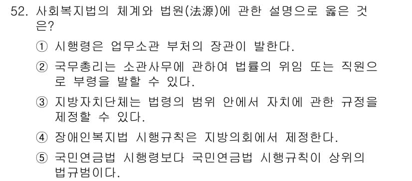 사회복지사_1급(3교시)(구) 2018년 52번 - 4번이 정답인 이유는, 지방자치단체의 법령은 해당 지역에 필요한 법적 기... 에 관한 핵심 기출문제