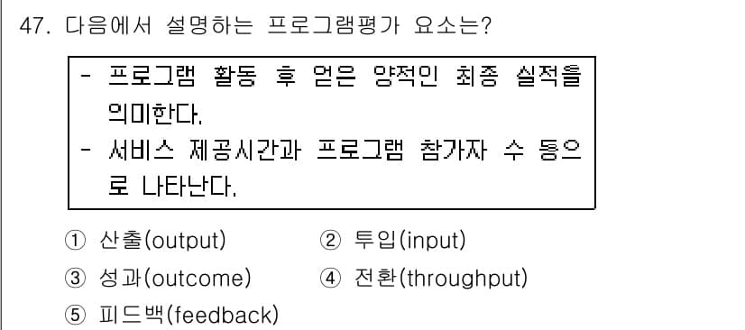사회복지사_1급(3교시) 2018년 47번 - . 산출(output)

프로그램 평가는 실제로 이루어진 활동의 결과를 ... 에 관한 핵심 기출문제