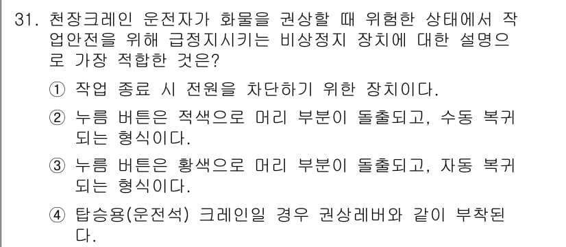 천장크레인운전기능사 2016년 31번 - 정답과 핵심 포인트를 검수 중인 기출문제