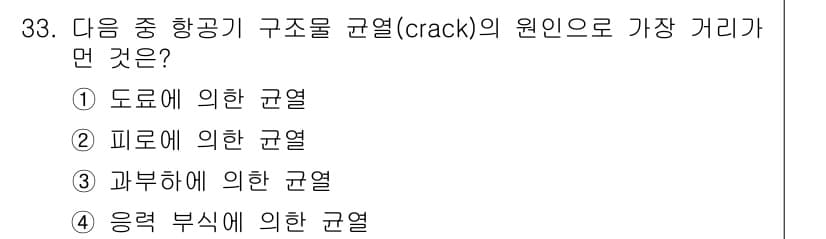 항공기관정비기능사 2016년 33번 - 정답 3번, 과분하에 의한 균열(crack)은 항공기 구조물에서 가장 많... 에 관한 핵심 기출문제
