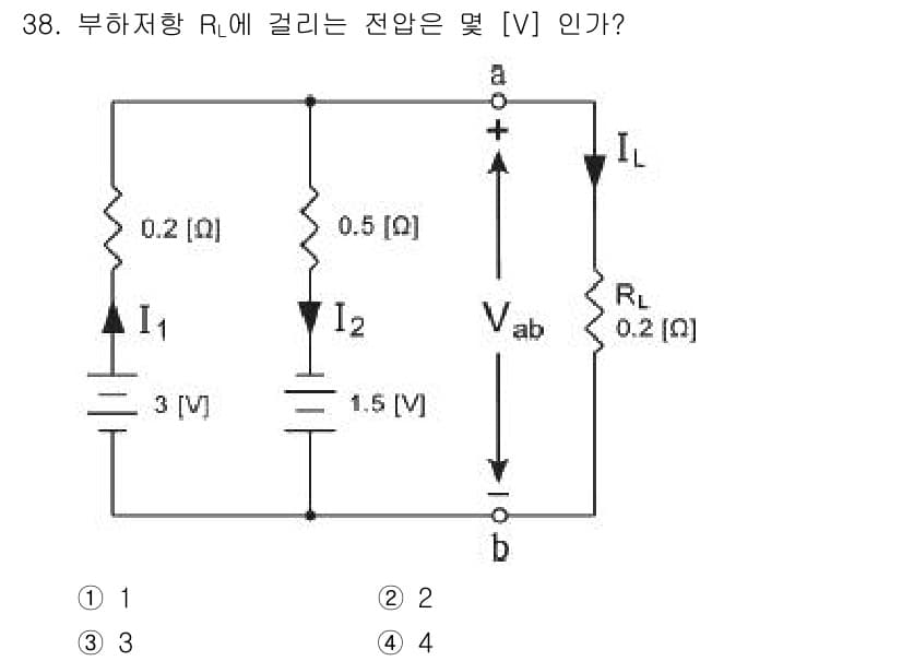 전자산업기사 2015년 38번 - 부하 저항 \( R_L \)에 걸리는 전압 \( V_{ab} \)를 구하... 에 관한 핵심 기출문제