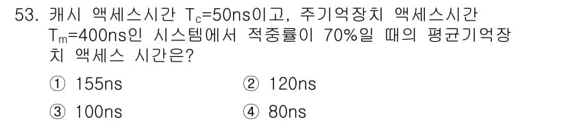 전자산업기사 2017년 53번 - 주기억장치 액세스 시간이 Tm = 400ns이고, 캐시 액세스 시간 Tc... 에 관한 핵심 기출문제
