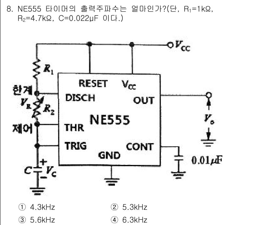 전자산업기사 2017년 8번 - NE555 타이머의 주파수는 R1, R2, C 값에 따라 결정되며, 주파... 에 관한 핵심 기출문제