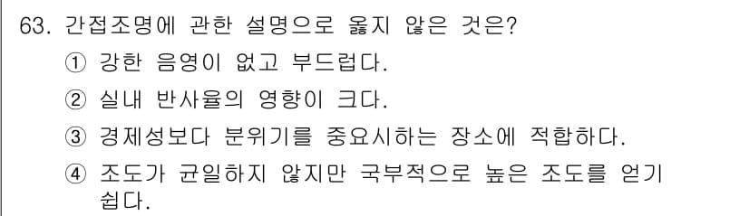 건축산업기사 2015년 63번 - . 조도가 균일하지 않지만 극부적으로 높은 조도를 얻기 쉽다.

해설: ... 에 관한 핵심 기출문제