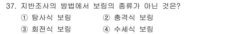 실내건축산업기사 2015년 37번 - 지반조사의 방법에서 보링의 종류는 일반적으로 탐사식 보링, 충격식 보링,... 에 관한 핵심 기출문제