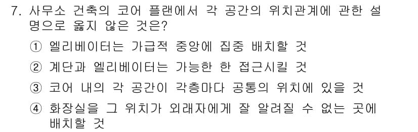 실내건축산업기사 2015년 7번 - 정답 3은 "코어 내의 각 공간이 각각 다른 위치에 있을 것"으로, 이는... 에 관한 핵심 기출문제