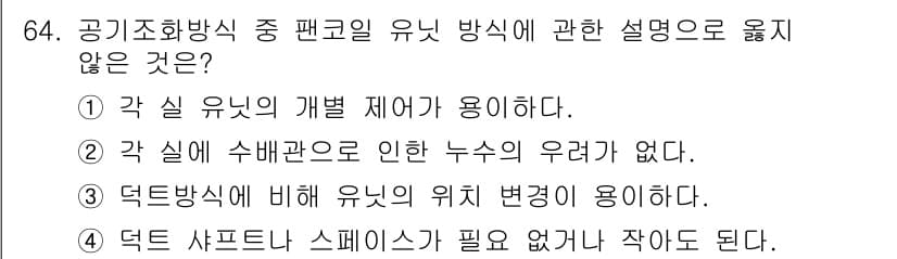건축산업기사 2016년 65번 - 4번이 정답인 이유는 다음과 같습니다. 덕트 방식에 비해 유니트 위치 변... 에 관한 핵심 기출문제