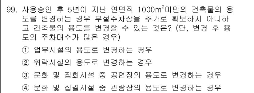 실내건축산업기사 2016년 100번 - 정답 4번입니다. 문화재 관리시설 중 관람장의 용도를 변경하는 경우는 기... 에 관한 핵심 기출문제