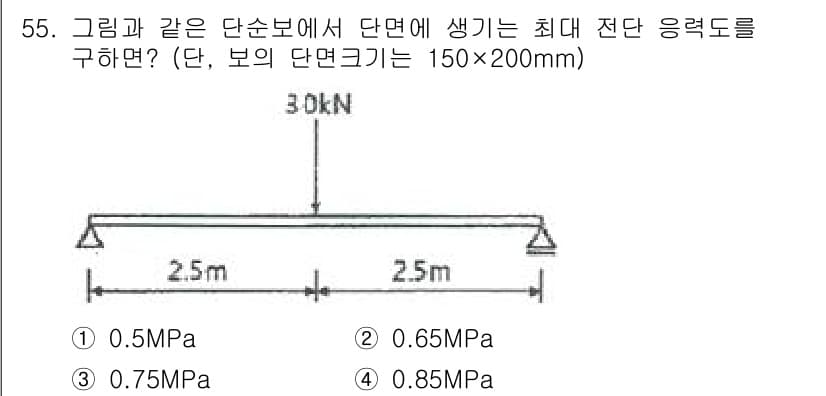 건축산업기사 2017년 55번 - 주어진 하중은 막대의 중앙에 위치하고 있으며, 이를 통해 최대 전단 응력... 에 관한 핵심 기출문제